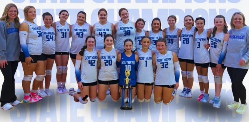 Above: Southern Academy’s State Champion JV Volleyball team poses with their trophy
