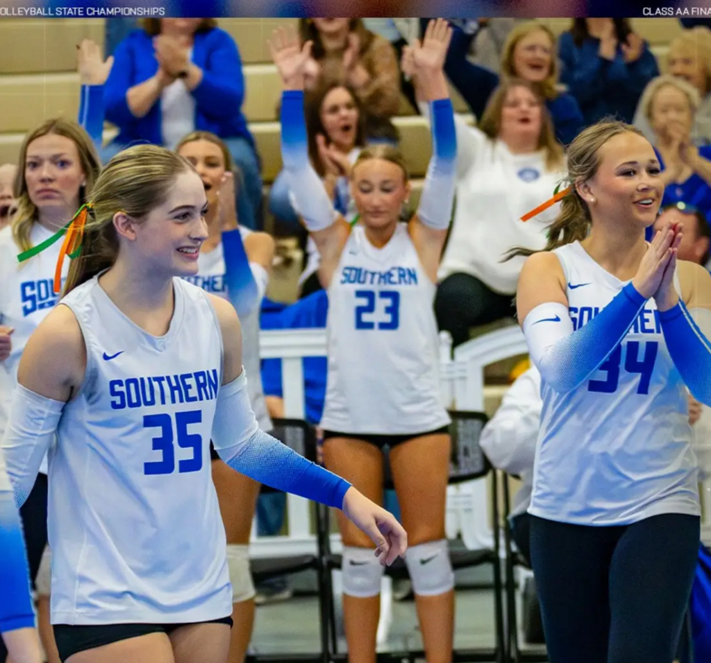 Southern Academy players and the Lady Cougars’ fans cheer during the Alabama Independent School Association Class AA volleyball final against Lowndes Academy on Tuesday, Oct. 20, at the Cramton Bowl Multiplex in Montgomery. Southern won 3-2 for its second straight state title. (Photo from the Alabama Independent School Association)